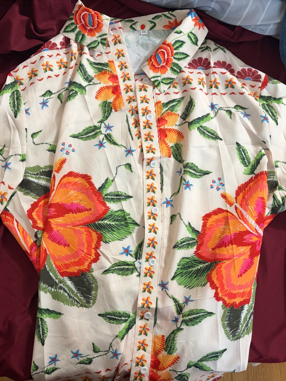 Women’s Floral Embroidered Button-Up Top - Cream with Orange & Green /never worn